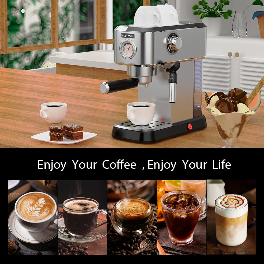 Lecon Chef 15 Bar Espresso Machine With Steam Milk Frother Stainless Steel