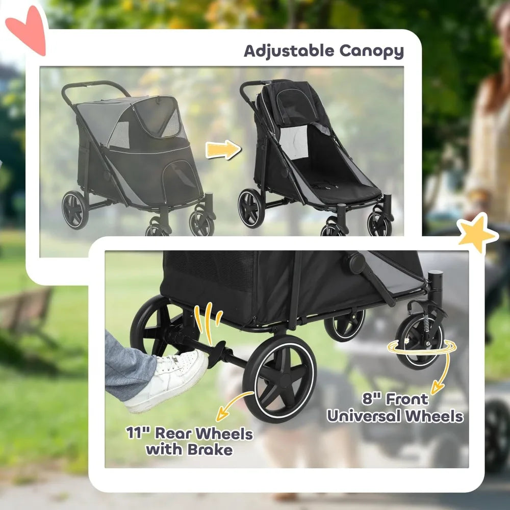 Foldable Pet Stroller for Dogs 66 Lbs Shock Absorbing Wheels