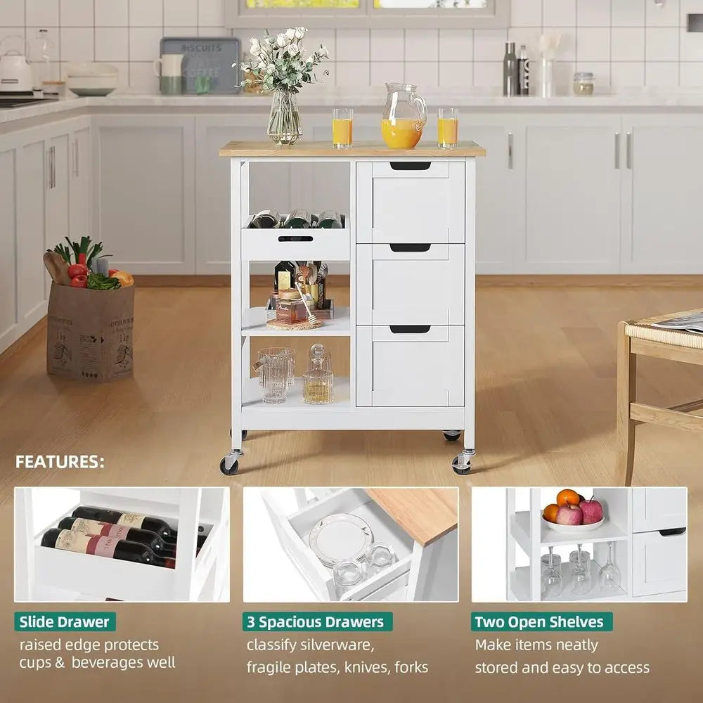 Portable Oak Wood Kitchen Island Cart With Wheels And Drawers