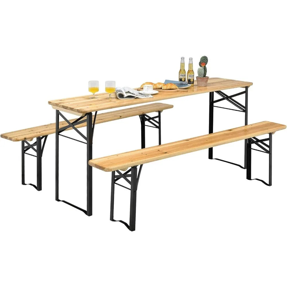 Portable Folding Picnic Table And Bench Set With Wooden Top