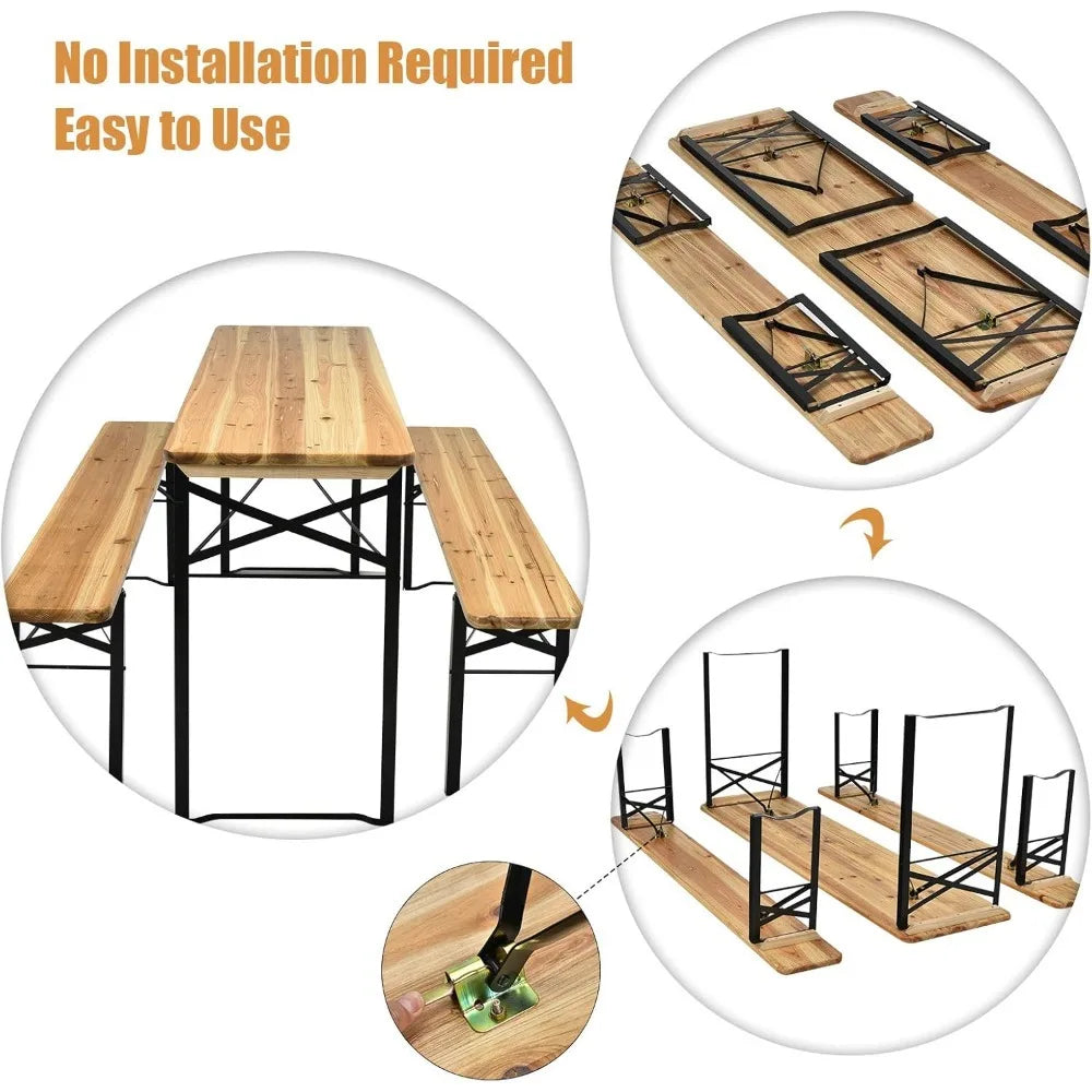 Portable Folding Picnic Table And Bench Set With Wooden Top