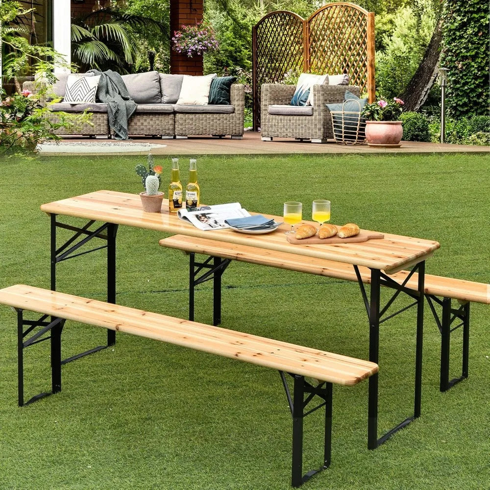 Portable Folding Picnic Table And Bench Set With Wooden Top