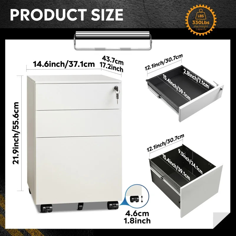 GALAXHERO 3 Drawer Locking Rolling File Cabinet With Security Lock
