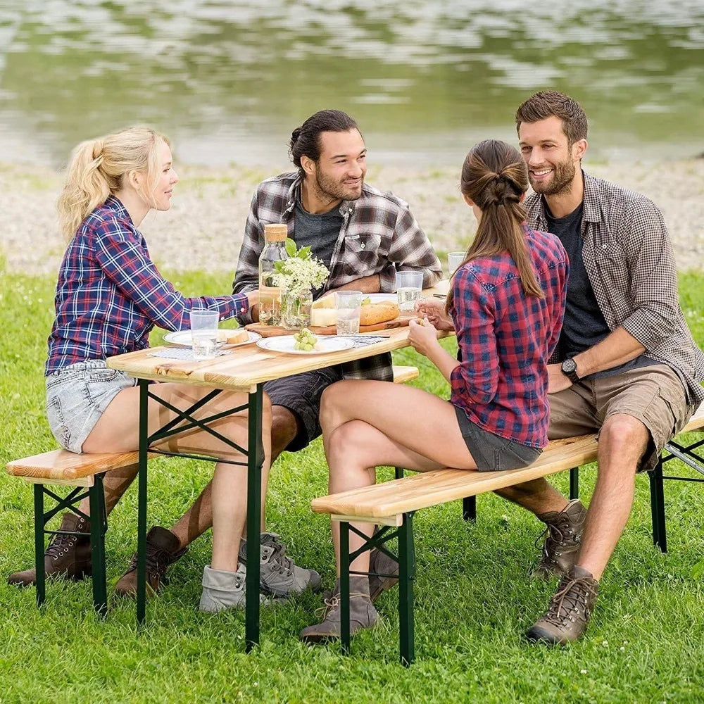 Portable Folding Picnic Table And Bench Set With Wooden Top