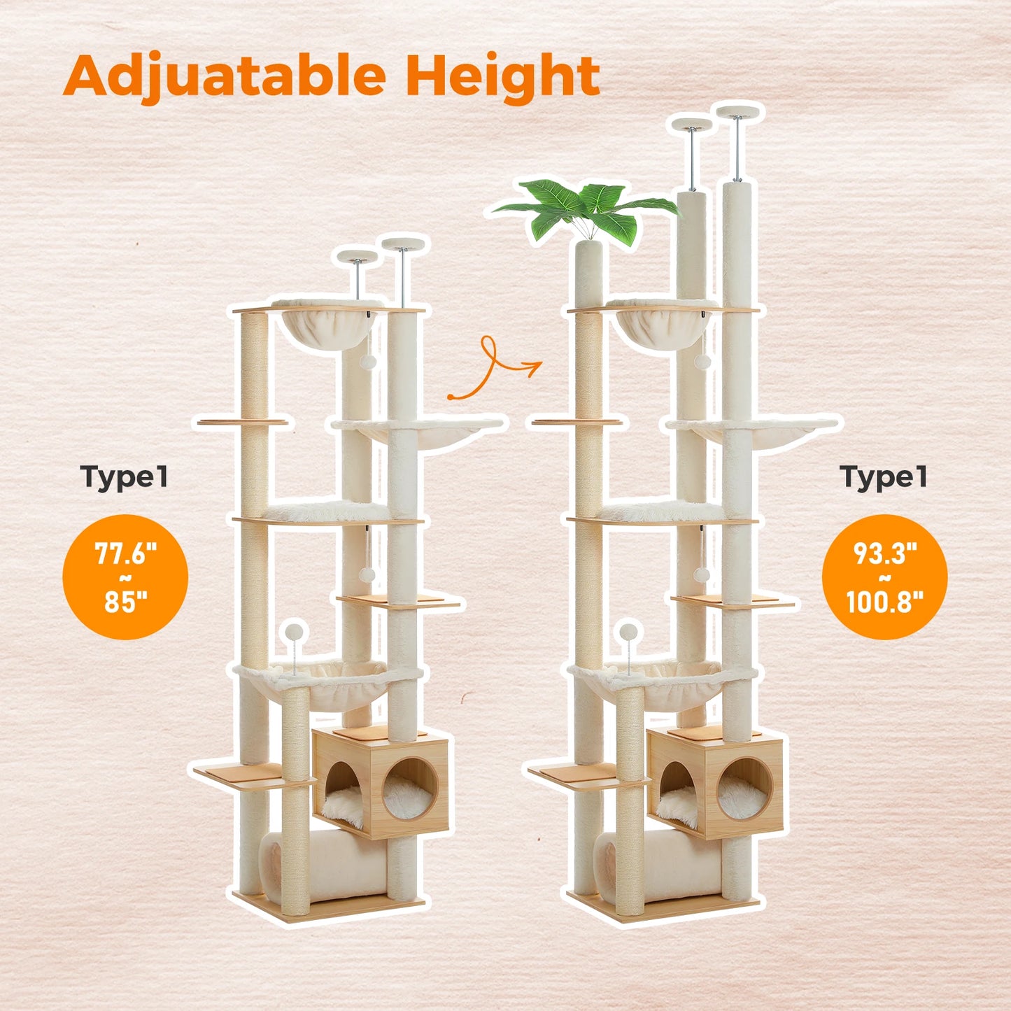 PAWZ Road Height Adjustable Wooden Cat Tree With Hammock Scratching Posts