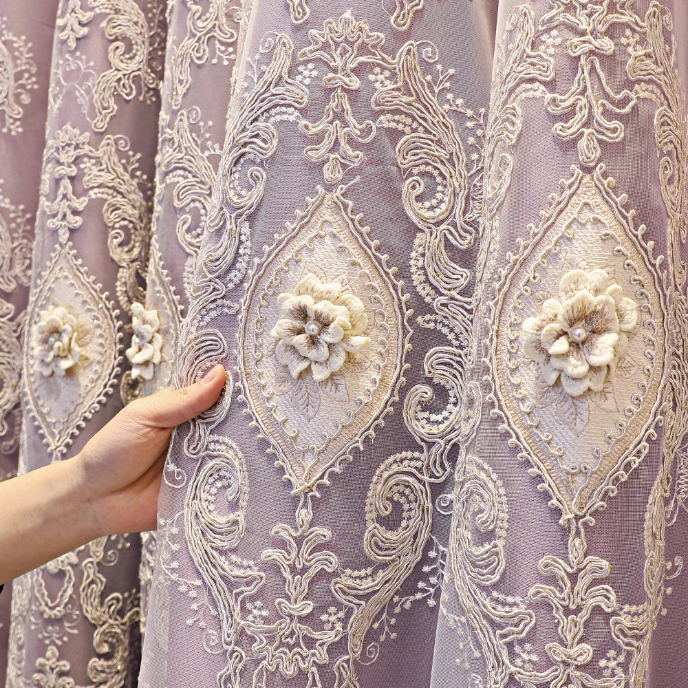 NONECN Luxury Vintage Embroidered Curtains Dual-Layer 3D Relief