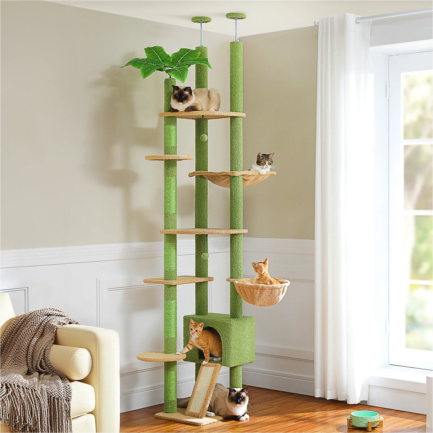 PAWZ Road Height Adjustable Wooden Cat Tree With Hammock Scratching Posts