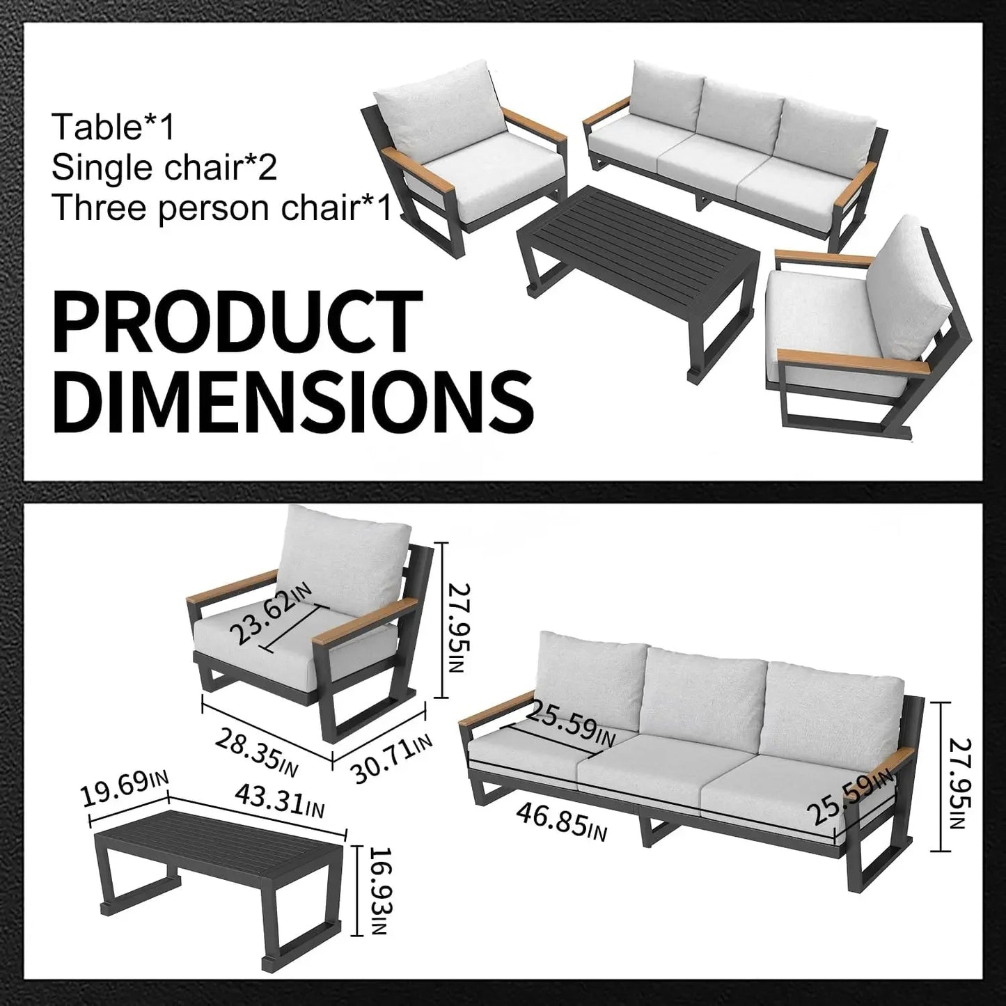 XMSJ Aluminum Outdoor Patio Sofa Set Sectional With Coffee Table