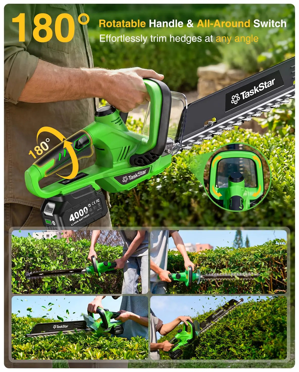 TaskStar Cordless Hedge Trimmer With Rotatable Handle And Dual Batteries