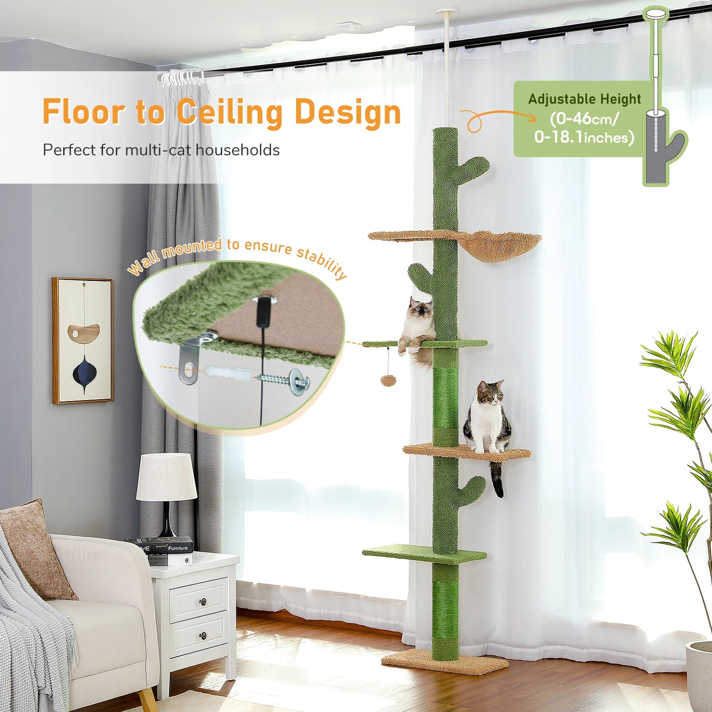 PAWZ Road Cat Tree 5-Tier Floor To Ceiling Cactus Climbing Tower Scratching Post