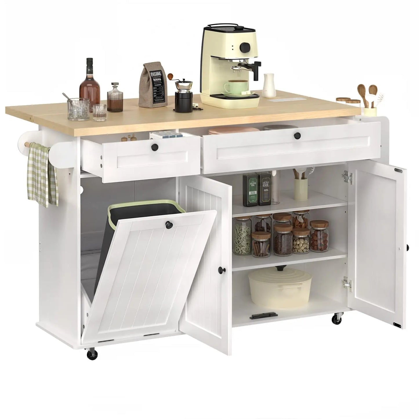 ONBRILL Mobile Kitchen Island Power Outlet Spice Rack Towel Rack