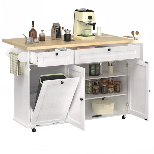 ONBRILL Mobile Kitchen Island Power Outlet Spice Rack Towel Rack