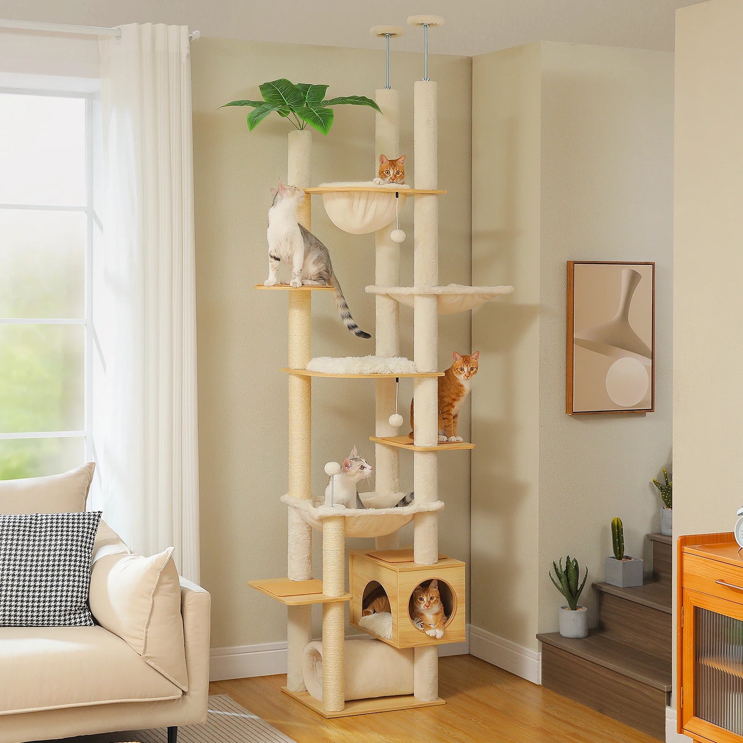 PAWZ Road Height Adjustable Wooden Cat Tree With Hammock Scratching Posts
