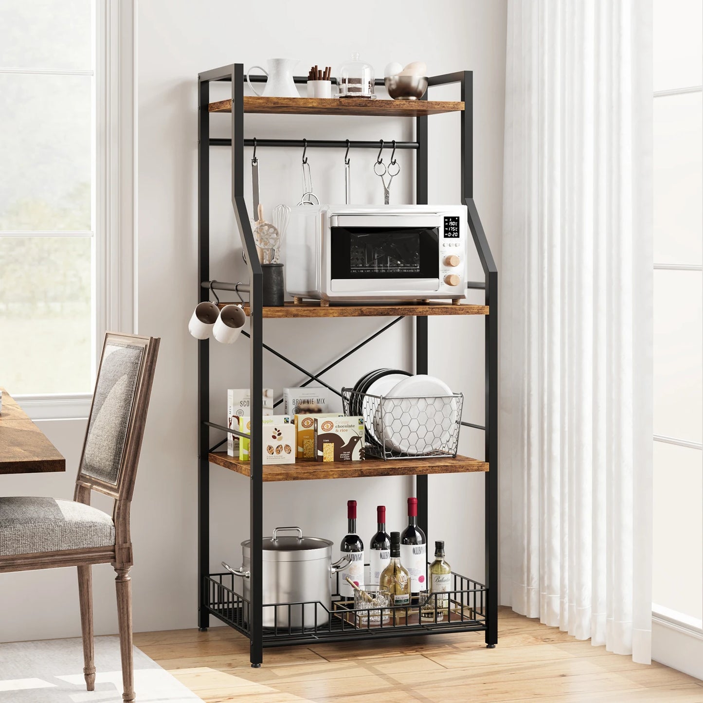 TWISTER.CK Kitchen Bakers Rack With Large Wire Basket 4 Tier