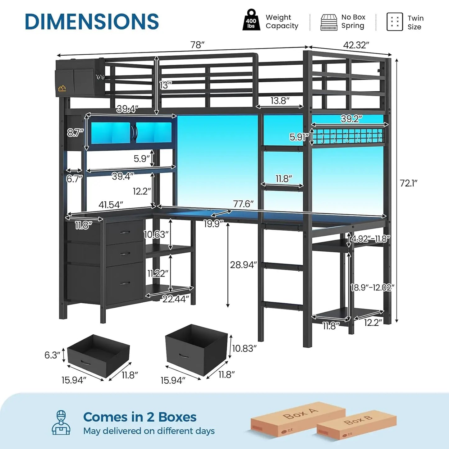 Metal Loft Bed With Gaming Desk Storage LED Guardrail Ladder
