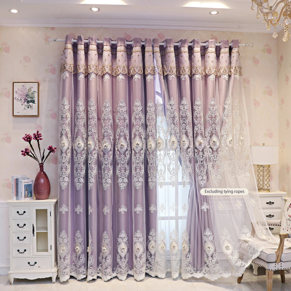 NONECN Vintage Style Embroidered Curtains Dual Layer 3D Relief