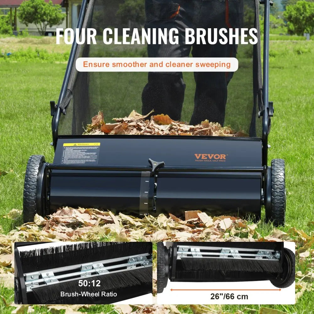 Push Lawn Sweeper With Four Spinning Brushes Steel Construction