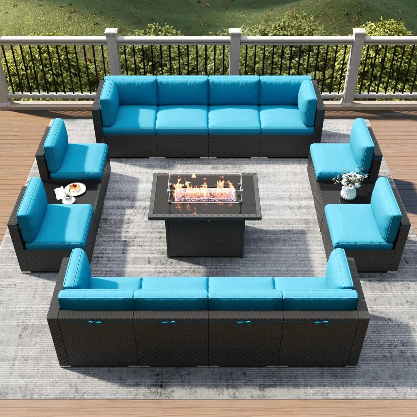 15 Piece Patio Furniture Set With Fire Pit Table Wicker