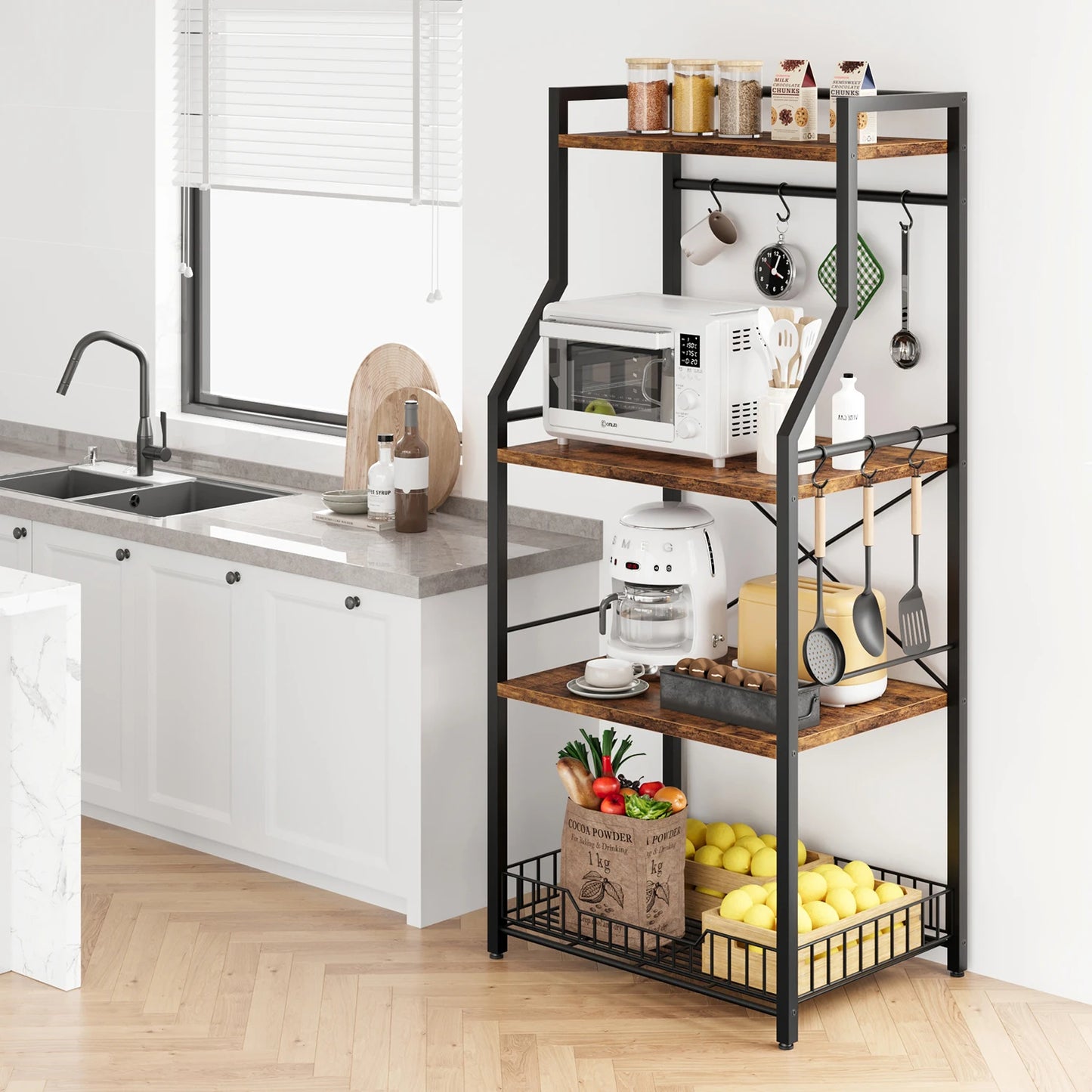 TWISTER.CK Kitchen Bakers Rack With Large Wire Basket 4 Tier