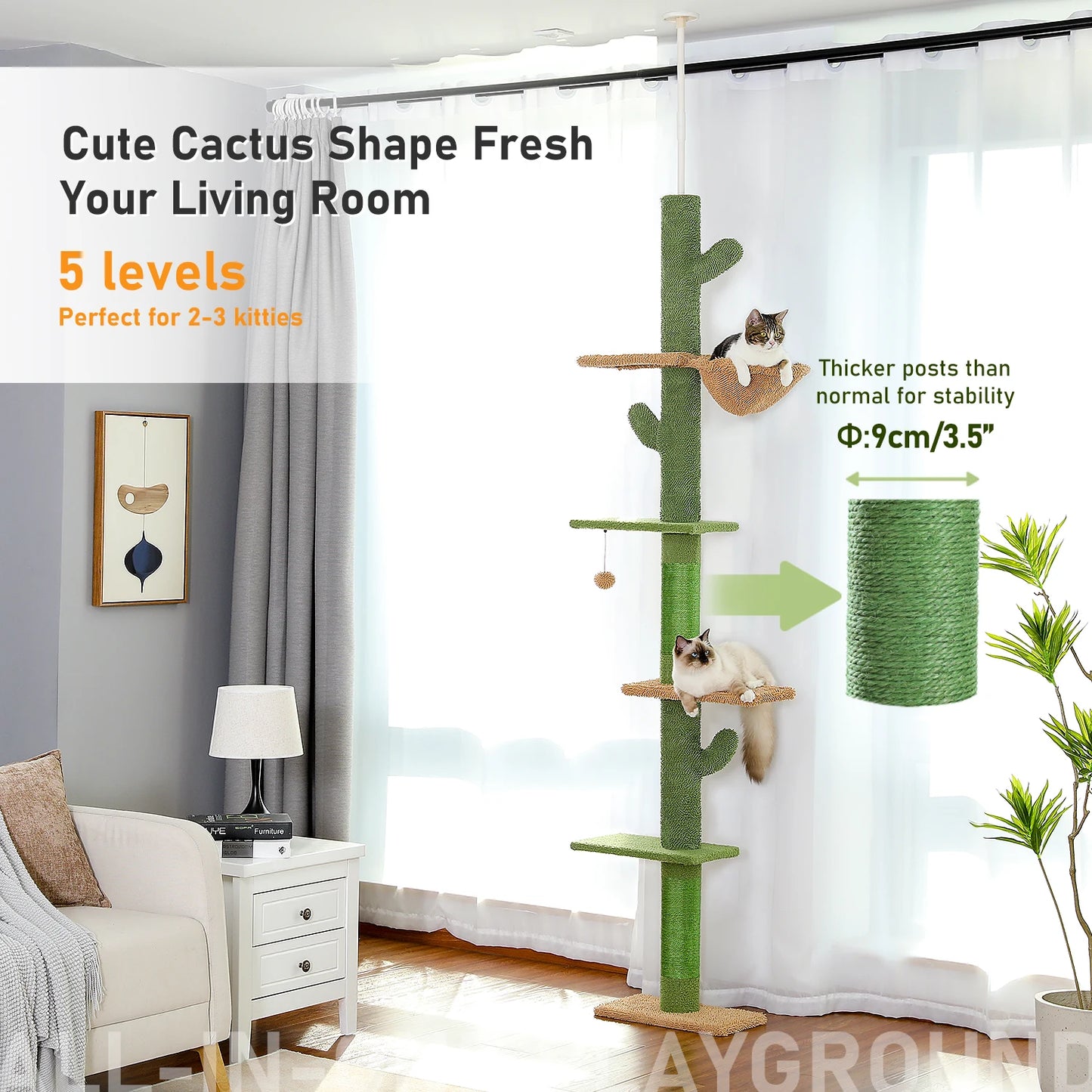 PAWZ Road Cat Tree 5-Tier Floor To Ceiling Cactus Climbing Tower Scratching Post