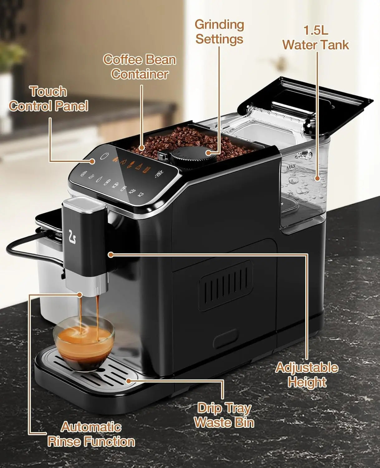 Acekool 20-Bar Fully Automatic Espresso Machine With Grinder And Frother
