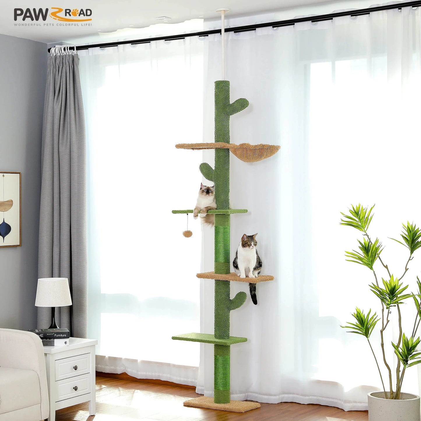 PAWZ Road Cat Tree 5-Tier Floor To Ceiling Cactus Climbing Tower Scratching Post