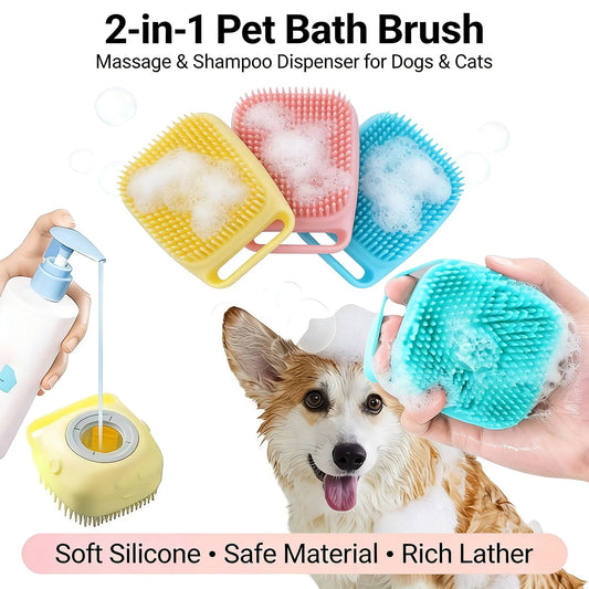 2 In 1 Pet Bath And Massage Brush With Silicone Shampoo Storage For Dogs Cats