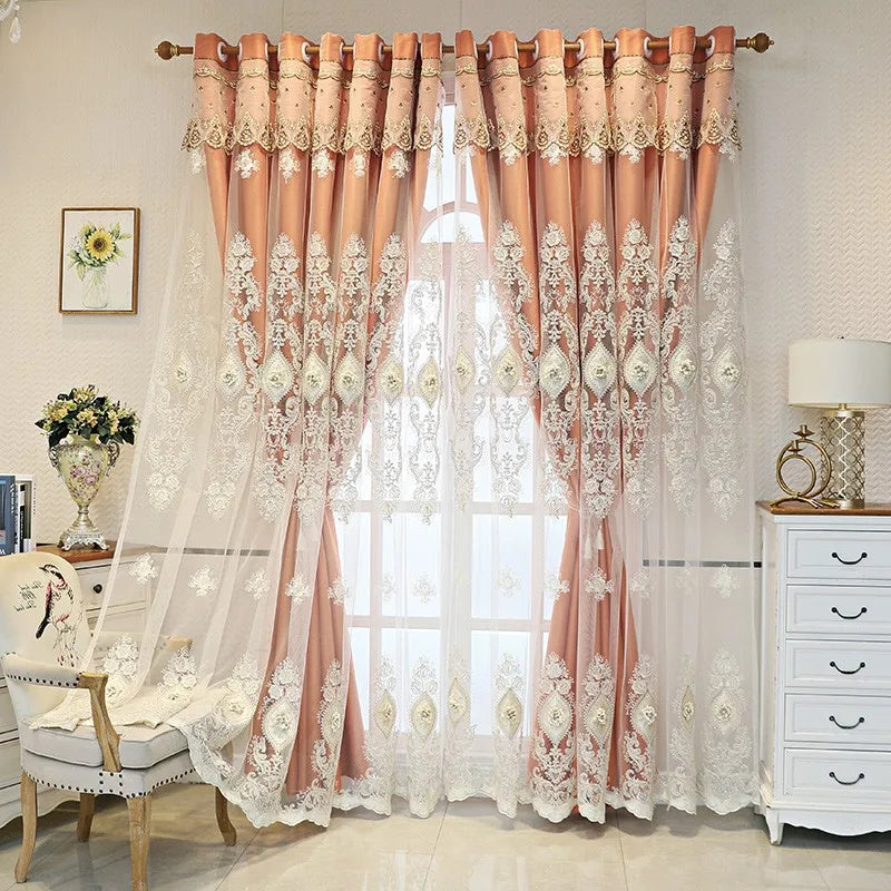 NONECN Vintage Style Embroidered Curtains Dual Layer 3D Relief