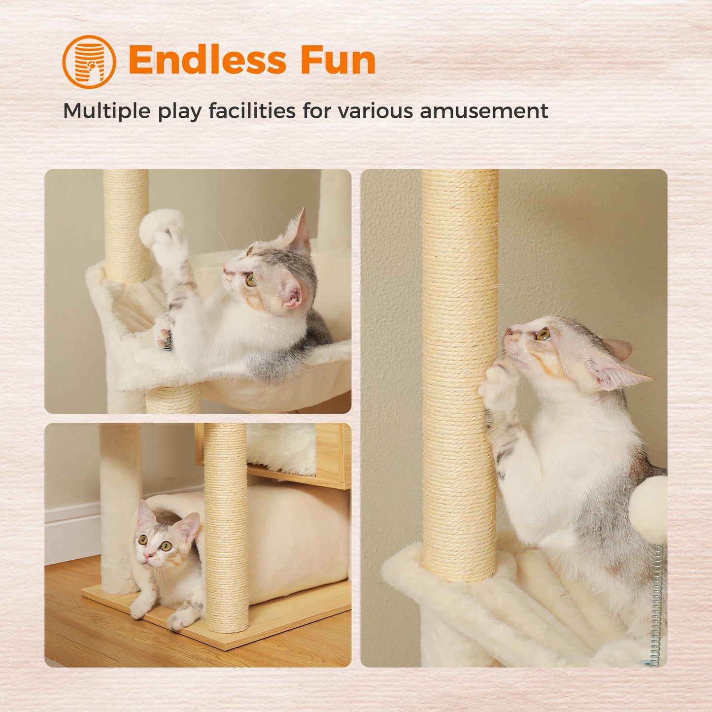 PAWZ Road Height Adjustable Wooden Cat Tree With Hammock Scratching Posts
