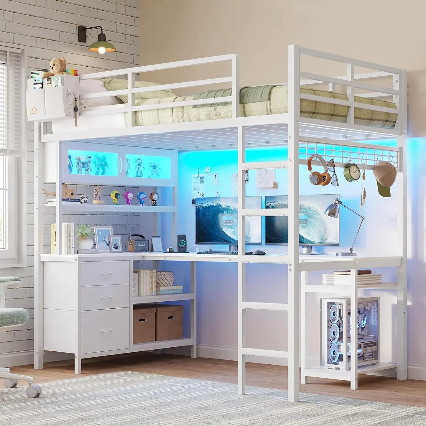 Metal Loft Bed With Gaming Desk Storage LED Guardrail Ladder