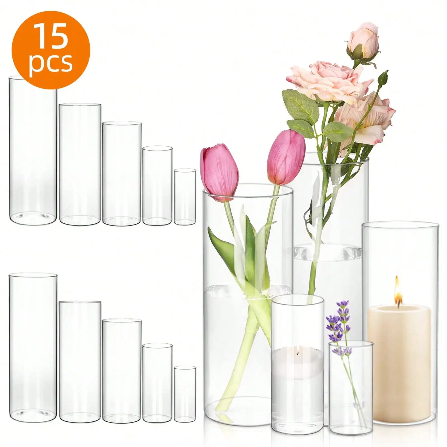 Tomnk Clear Glass Cylinder Vase Set For Wedding Centerpieces