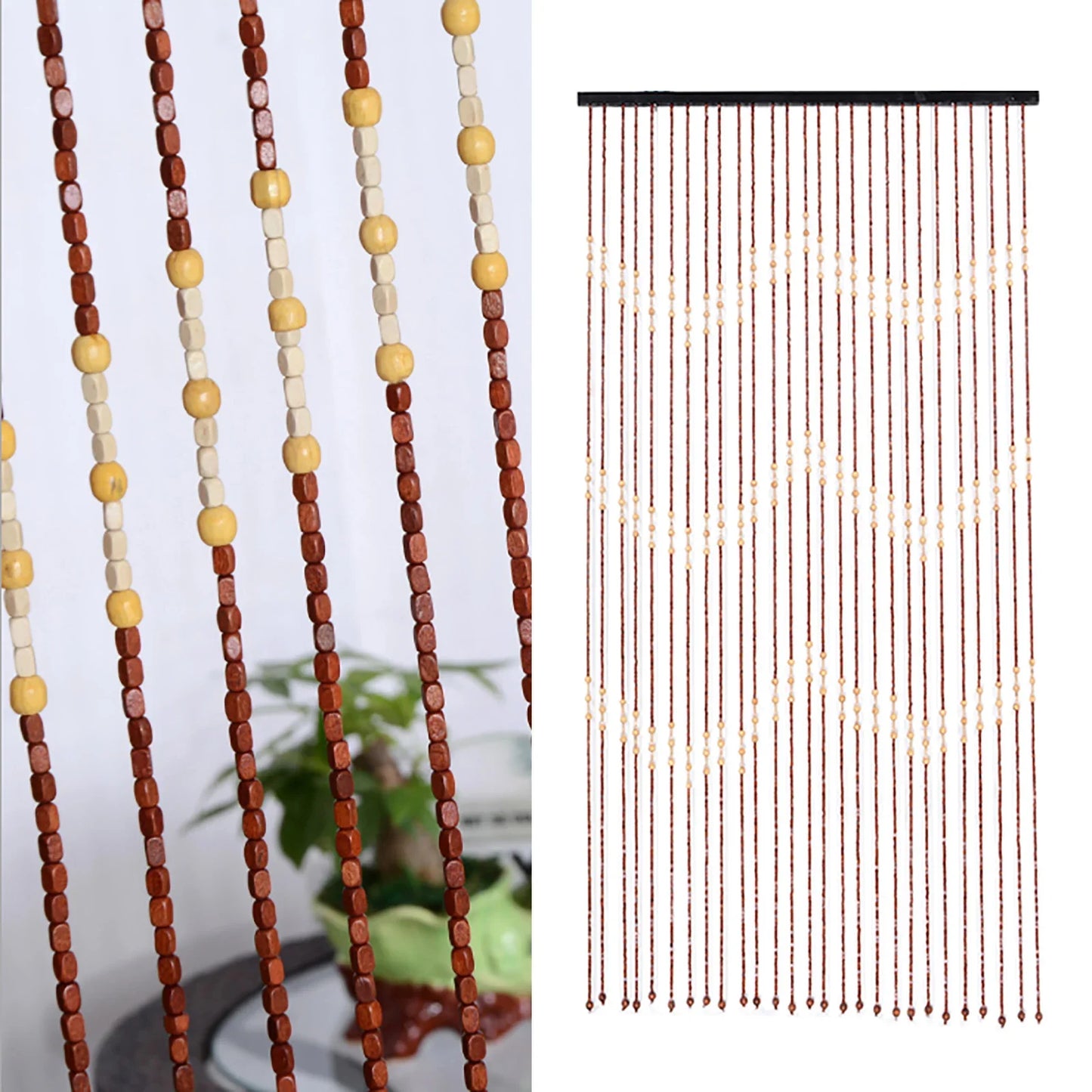 Wooden Bead Door Curtain With Jagged Pattern Fly Screen