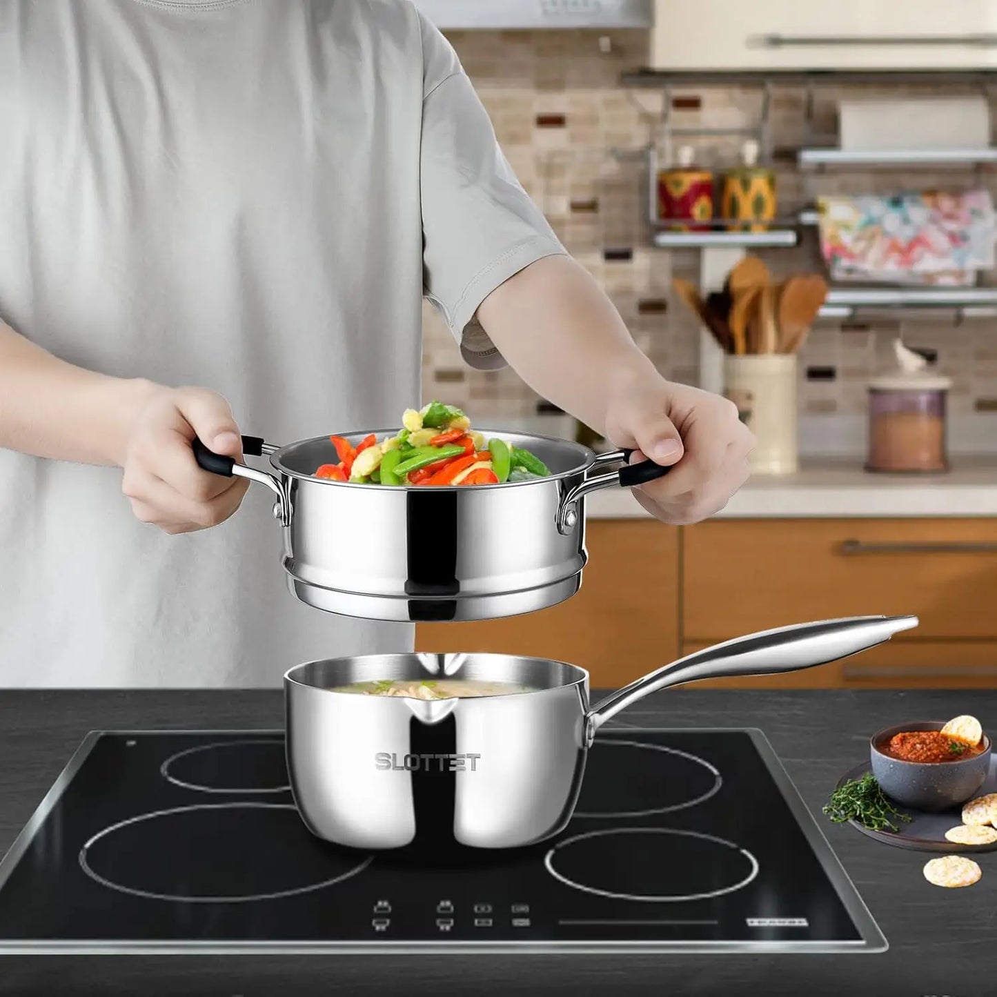 Stainless Steel Sauce Pan With Steamer And Glass Lid