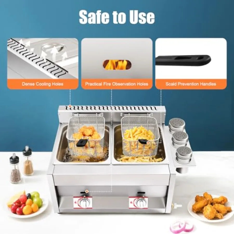XMSJ Gas Powered Commercial Double Deep Fryer Countertop With Baskets