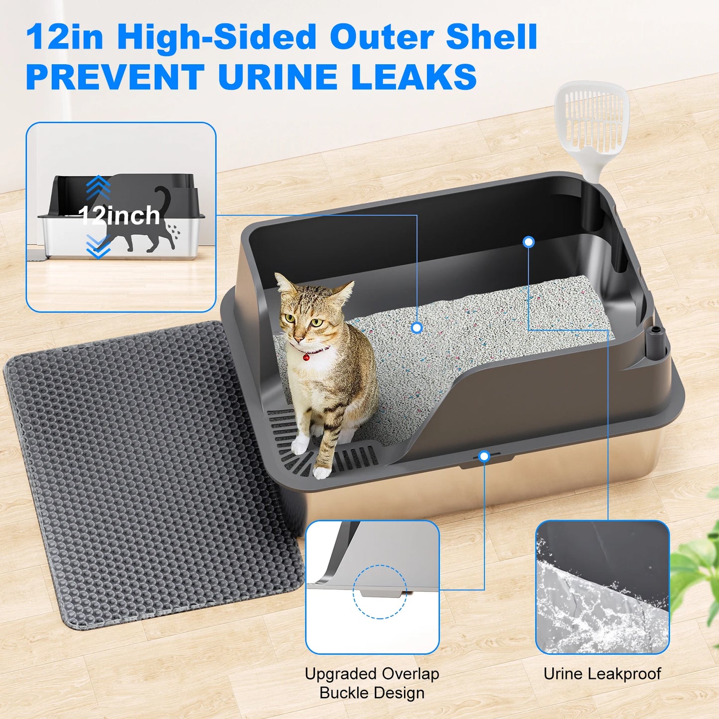 Stainless Steel Cat Litter Box Semi Closed Lid Leak Proof