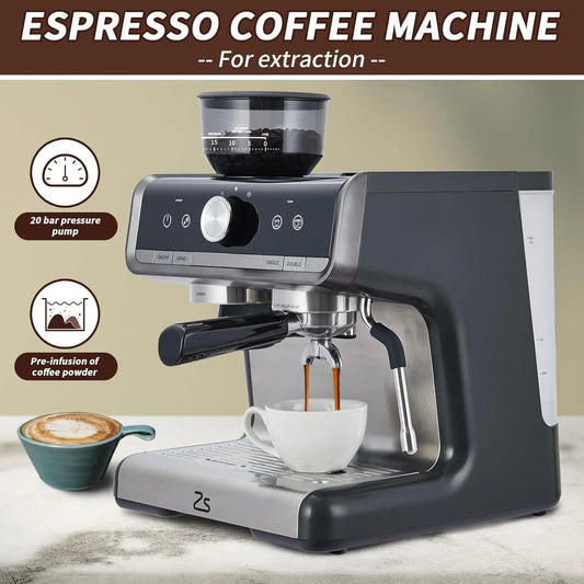 Acekool Espresso Machine With Grinder Milk Frother Steam Wand 20 Bar