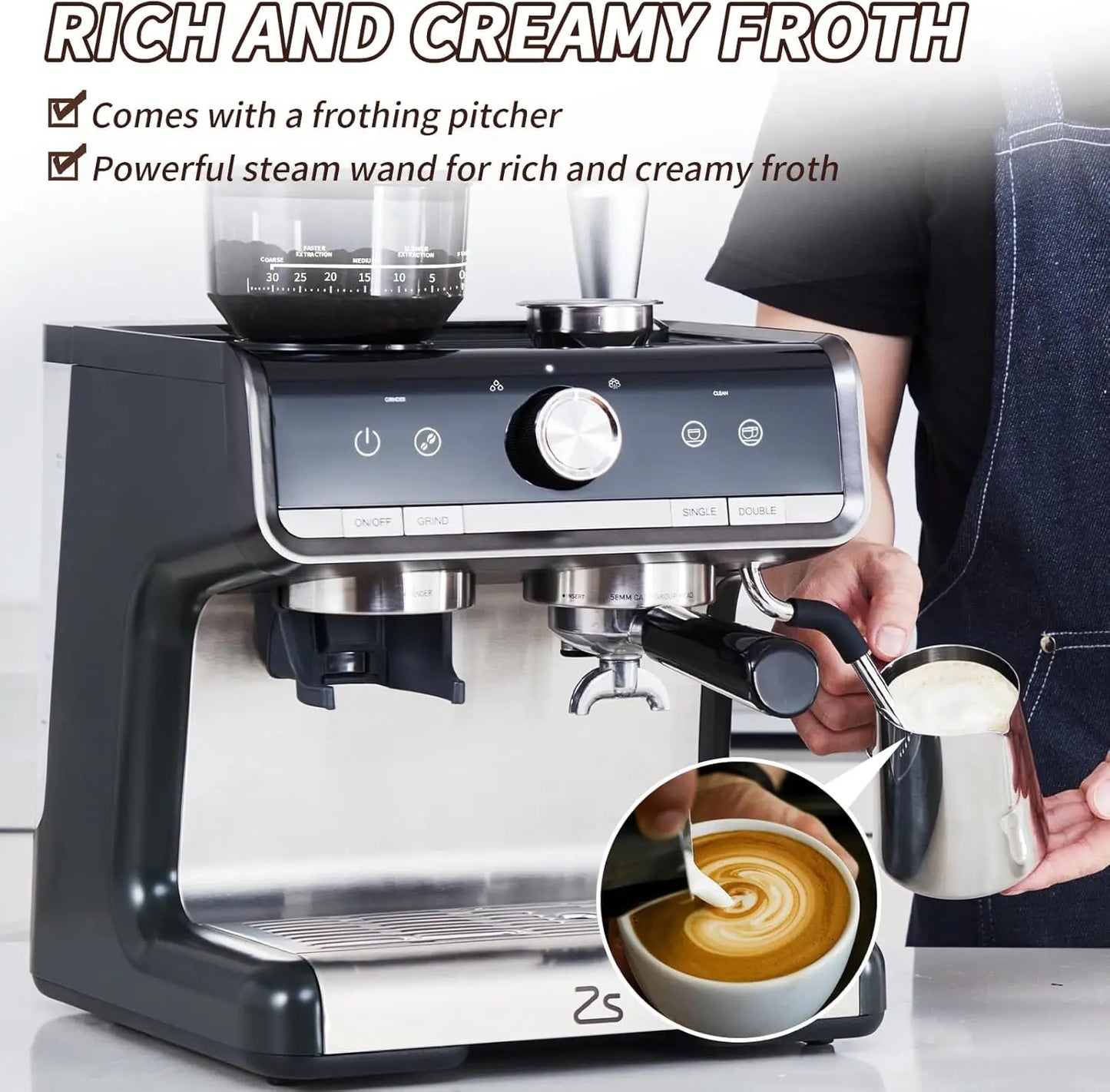 Acekool Espresso Machine With Grinder Milk Frother 20 Bar