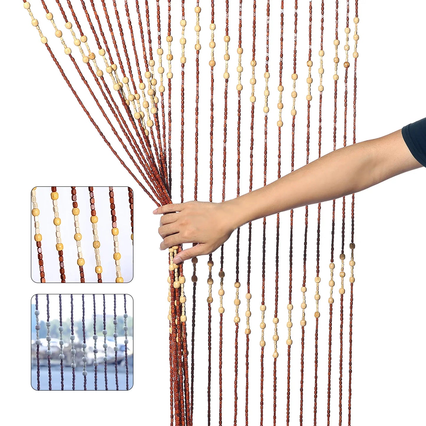 Wooden Bead Door Curtain With Jagged Pattern Fly Screen