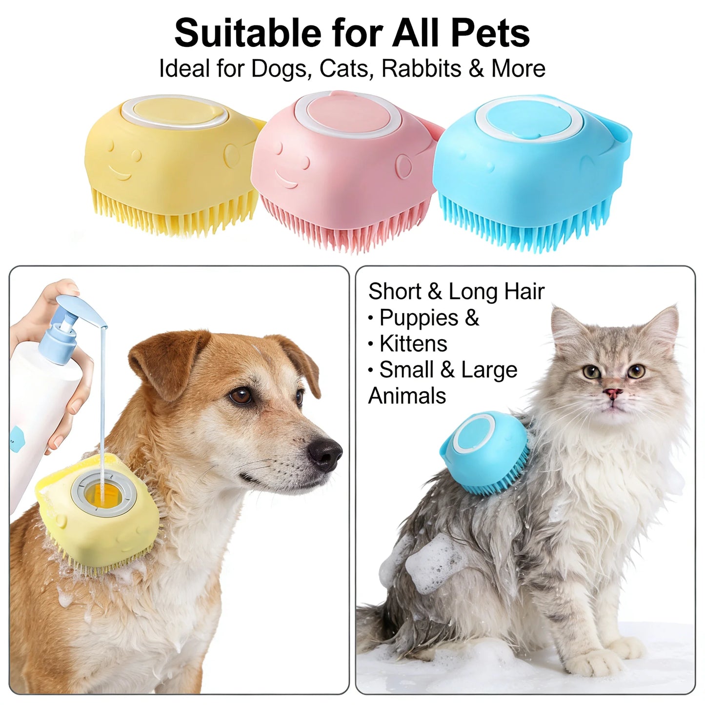2 In 1 Pet Bath And Massage Brush With Silicone Shampoo Storage For Dogs Cats