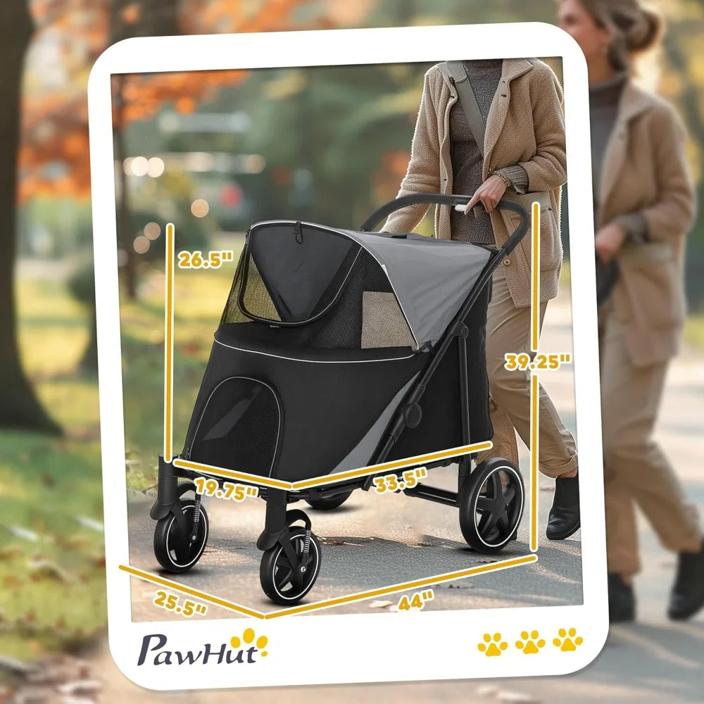 Foldable Pet Stroller for Dogs 66 Lbs Shock Absorbing Wheels