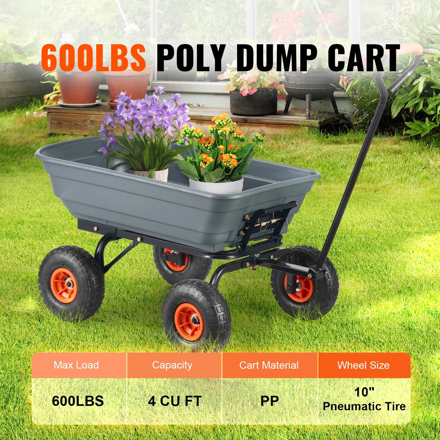 SucceBuy Poly Garden Dump Cart 600lb Capacity Steel Frame
