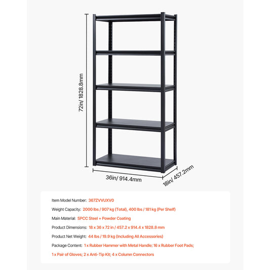SucceBuy 5-Tier Garage Storage Shelves 2000 Lbs Adjustable Metal Rack