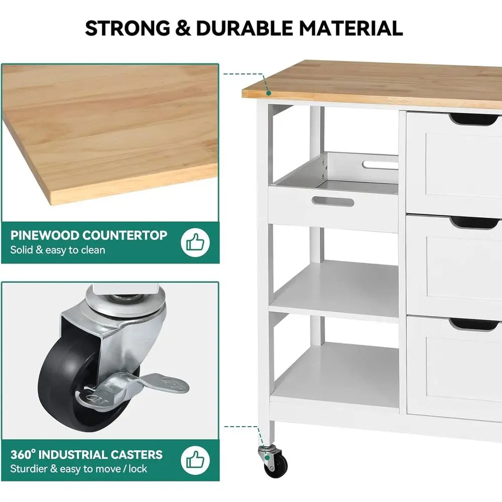 Portable Oak Wood Kitchen Island Cart With Wheels And Drawers
