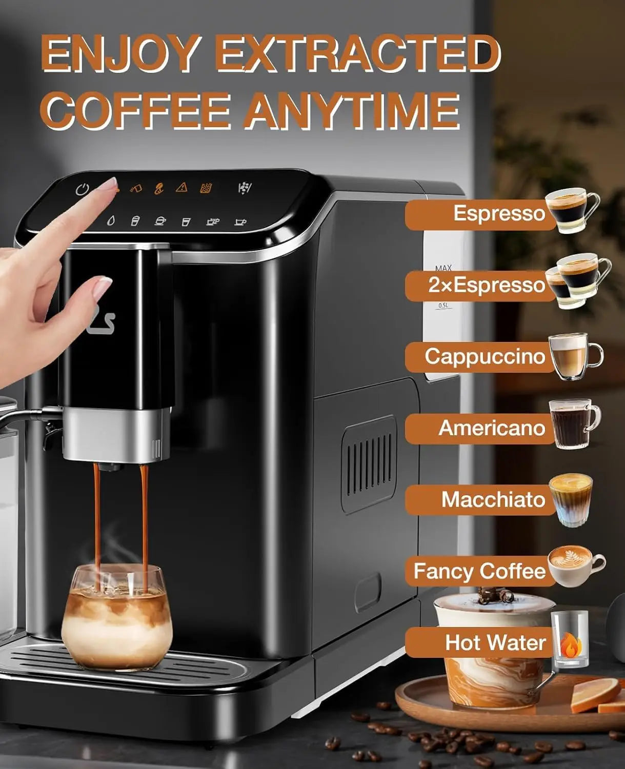 Acekool 20-Bar Fully Automatic Espresso Machine With Grinder And Frother