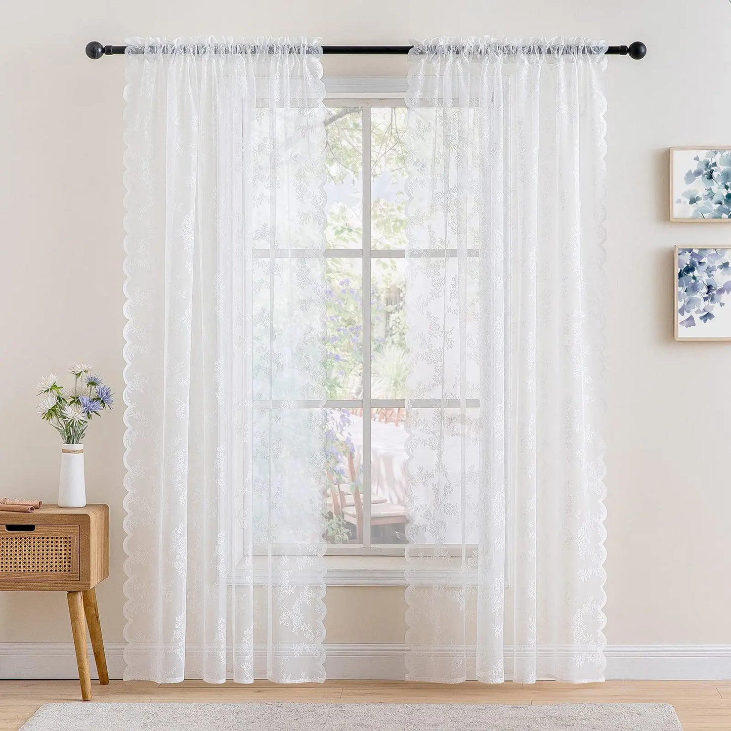NONECN Two Piece Curtains With Wave Lace Trim