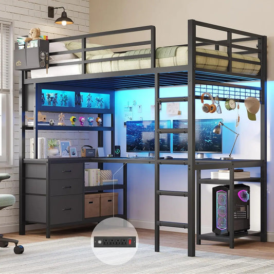 Metal Loft Bed With Gaming Desk Storage LED Guardrail Ladder