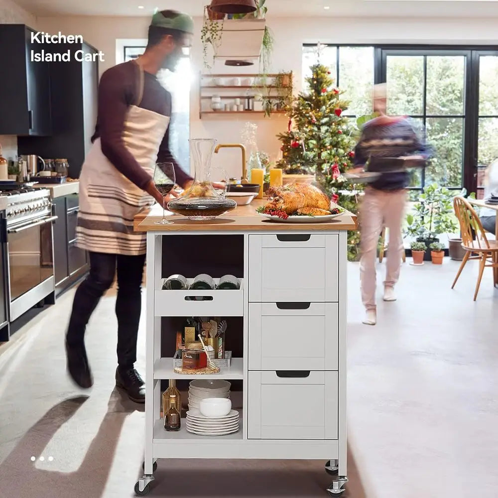 Portable Oak Wood Kitchen Island Cart With Wheels And Drawers