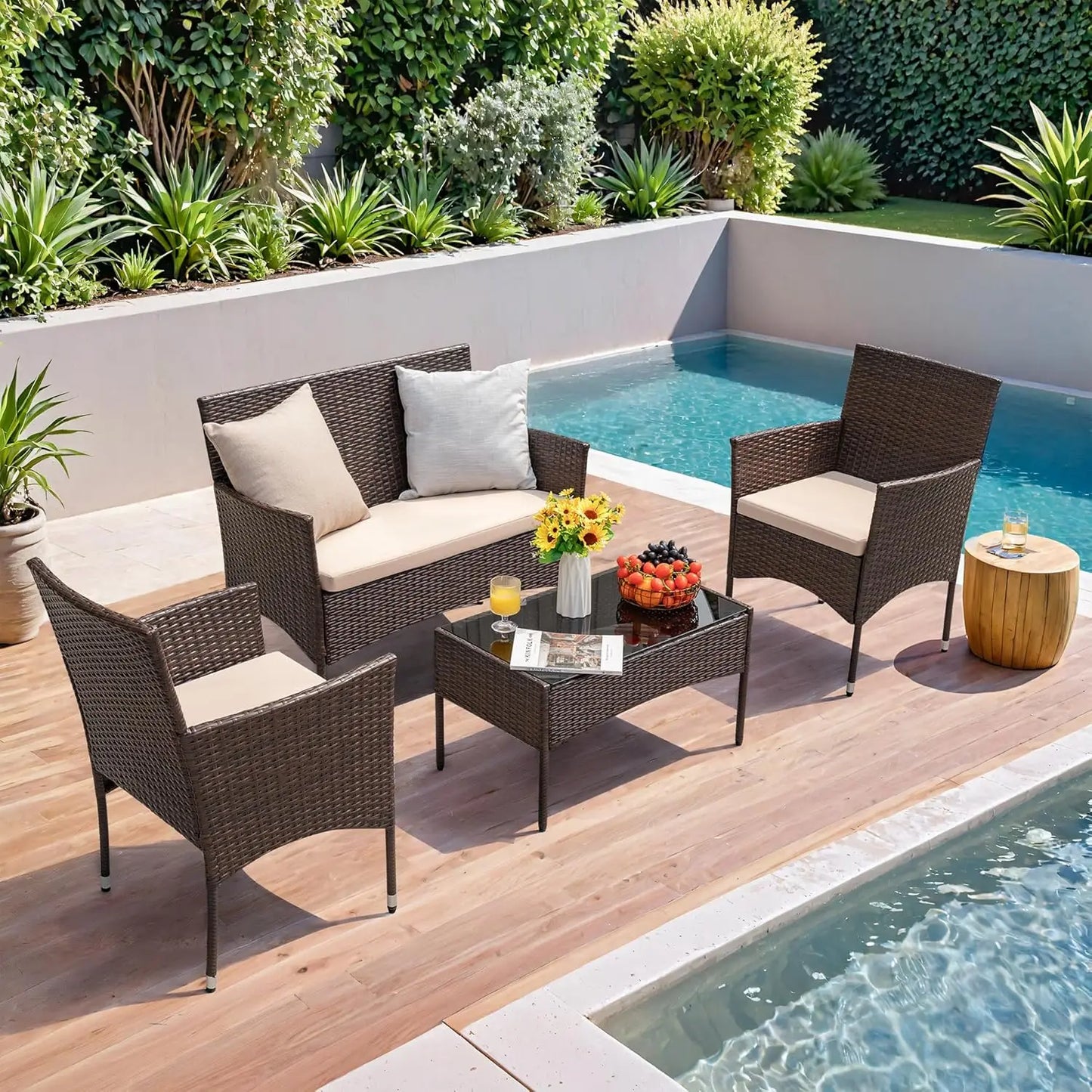 4-Piece Outdoor Patio Furniture Set Rattan Wicker Chairs