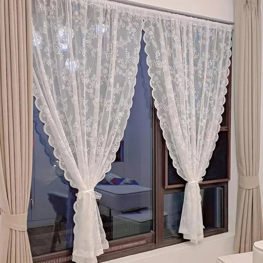 NONECN Two Piece Curtains With Wave Lace Trim