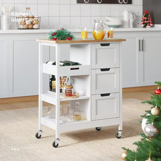 Portable Oak Wood Kitchen Island Cart With Wheels And Drawers